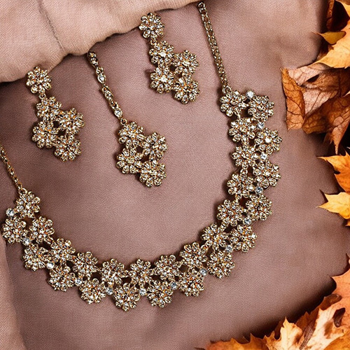 CJ100393 Stefan Gold Tone Austrian Diamonds Floral Necklace Set
