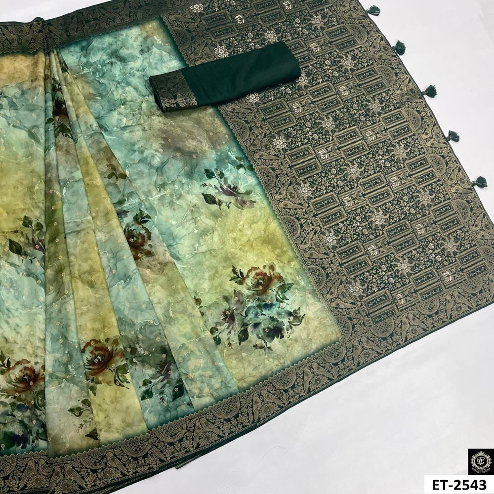 Floral Zari Border Saree - Color: Olive