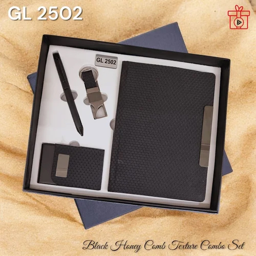 4 In 1 Gift Combo Customized Keychain Diary Visiting Card Holder And Pen Combo - Color: Black