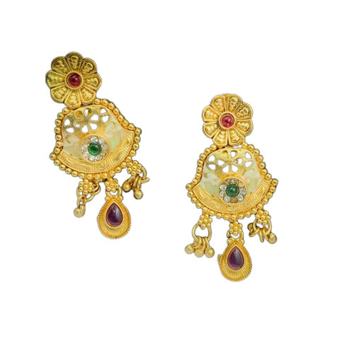 Rajwadi Artificial Earrings In Ruby Color - Color: Golden