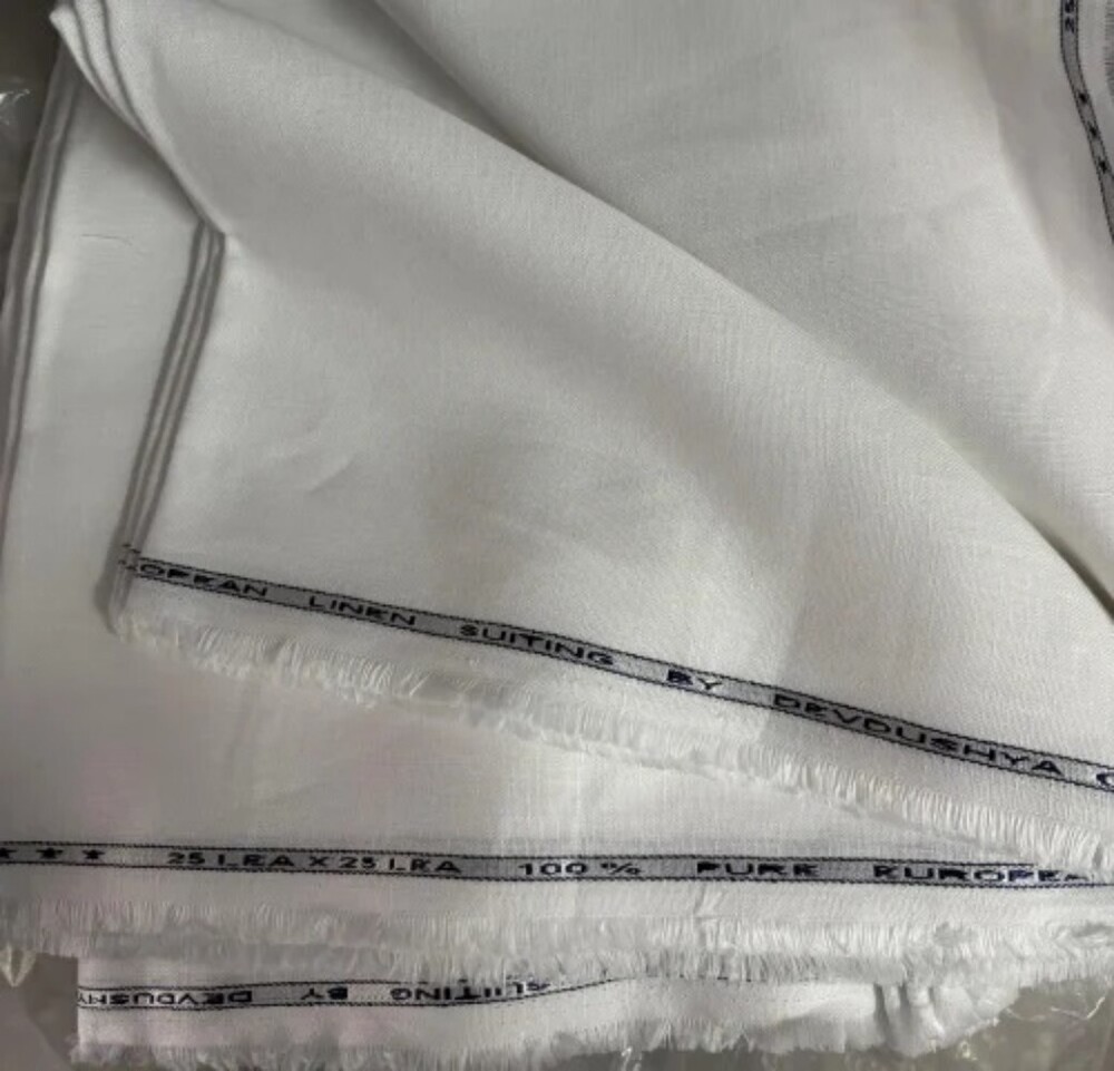 25 Lea White Plain Weave Linen Suiting Fabric - Fabric Texture: Smooth
