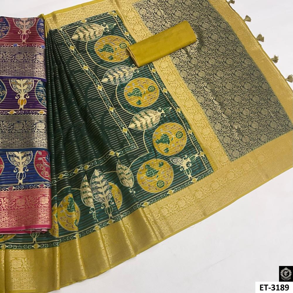 Premium Soft Saree - Color: Dark Green With Golden Accents