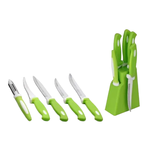 Ce-278 6 Piece Knife Set With Plastic Stand - Color: Green And Silver