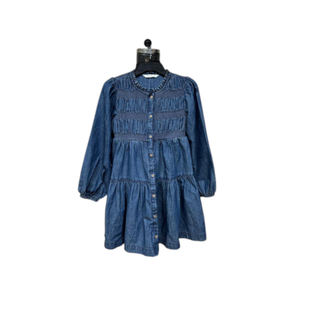 Denim Cotton A-Line Dress - Color: Blue