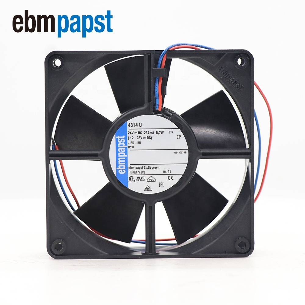 ebmpapst 4314U 119x119x32mm 24V DC 12cm 0.21A 170m3/h 2800rpm 100CFM Ball Bearing IP68 Waterproof Axial Cooling Fan