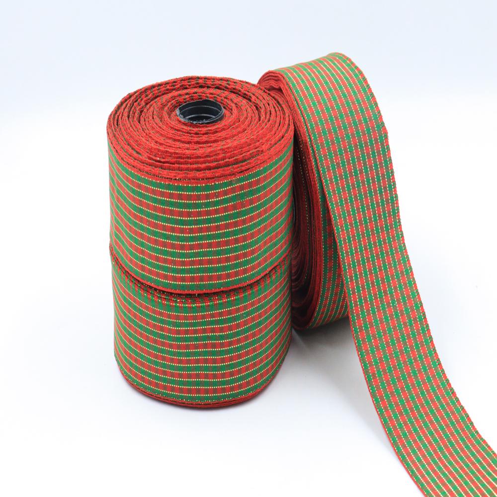 Fancy Christmas Ribbon - Polyester 38mm, Red Green Checkered With Gold Glitter, Printable Christmas Motifs, Reusable