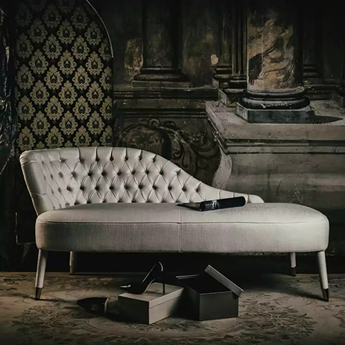 Button Upholstered Italian Designer Linen Chaise Longue - Color: Grey