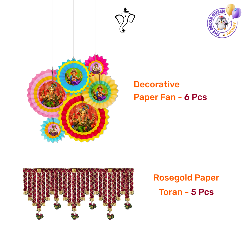 Ganpati Decoration Kit - 26 Pcs - Banner, Toran, Fans, Lights & Curtain