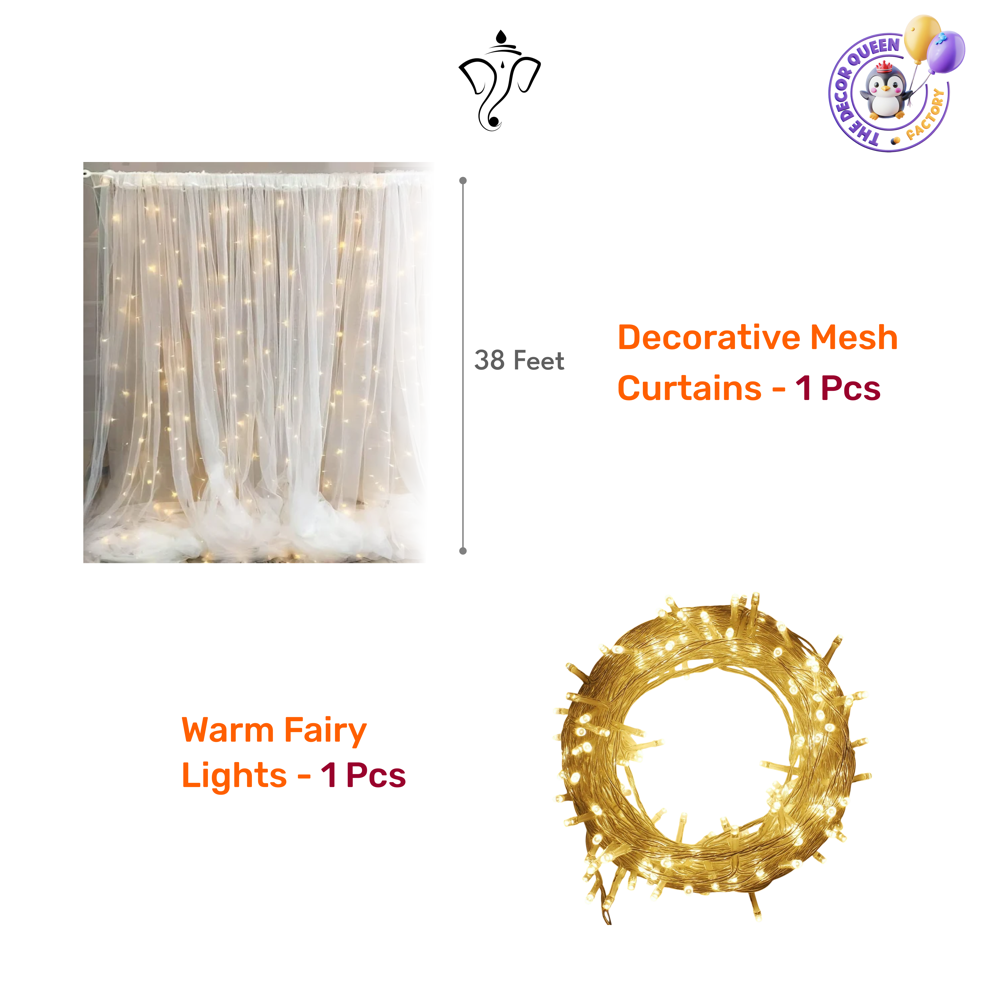 Ganpati Decoration Kit - 26 Pcs - Banner, Toran, Fans, Lights & Curtain