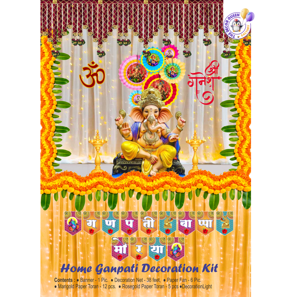 Ganpati Decoration Kit - 26 Pcs - Banner, Toran, Fans, Lights & Curtain