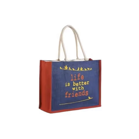 Navy Blue Jute Bag Rope Handle Durable PVC Material Custom Logo Drawstring Closure-for Beach Kitchen Sustainable Wine Shopping