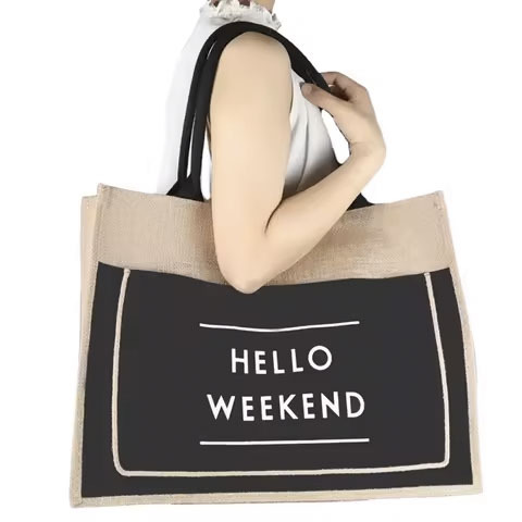 Custom logo Grocery Shopping Bridesmaid Bachelorette Party Gift Travel Handheld Black Jute Bag with Pocket