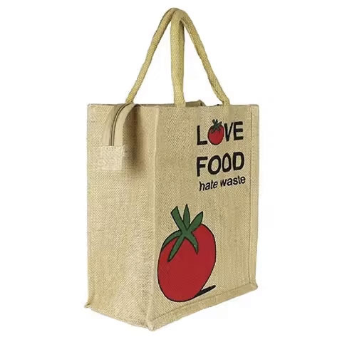 Wholesale Custom Printed Large Natural Eco-Friendly Hessian Tote Beach Bag Zippered Burlap Jute Shopper Bag