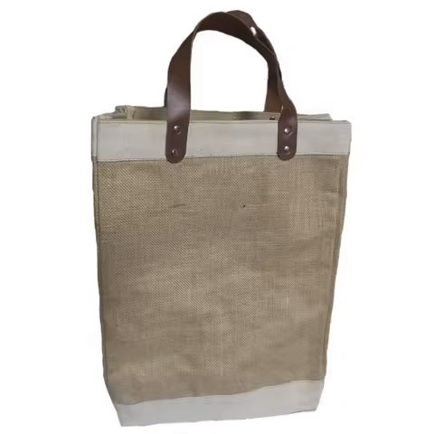 Wholesale Cheap Reusable Linen Beach Hemp Jute Burlap Bag Leather Handle Eco-friendly Splice Grocery Shopping Bag Promotional