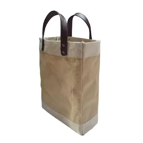 Eco-Friendly Jute and Cotton Large Market Tote Bag with Leather Handle Reusable Grocery Shopping Promotional Bag
