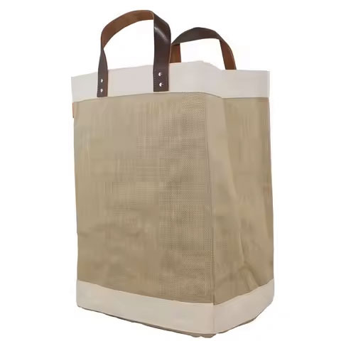 Reusable Jute French Market Tote with Faux Leather Strap Handles Interior Pocket Water Resistant Burlap Grocery Bags Promotions
