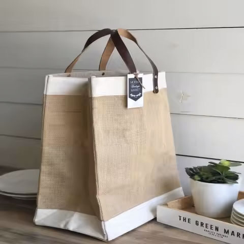 Wholesale Large Capacity Jute Tote Shopping Bag Leather Handle Water Resistant Reusable Featuring Letter Burlap Grocery Bag