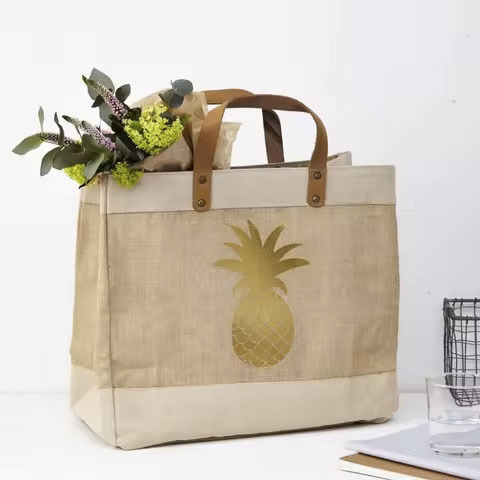 Custom Designer Eco-Friendly Organic Burlap Jute Shopping Bag with Leather Handles Fashionable Fashionable Reusable Shopping Bag