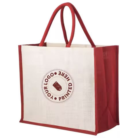2025 Online Best Seller Natural Burlap Jute Tote Shopping Bag Red Sides Sublimation Laminated Shoulder Closure Letter Pattern