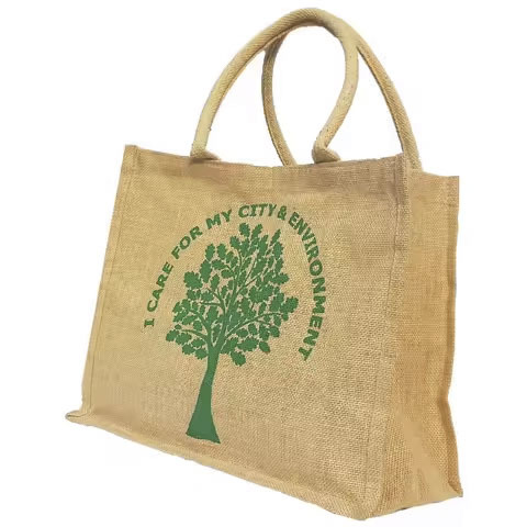 Custom Logo Print Natural Jute Bag Tote with Blue Shoulder Closure and Letter Pattern Burlap Bag with Blue Handle
