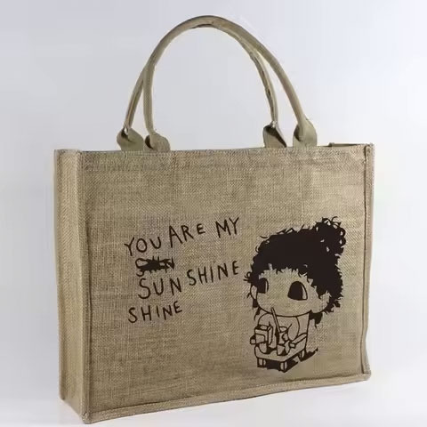 Heavy-Duty Recycled Jute Tote Bag with Shoulder Closure Promotional Grocery Shopping Gifts for Packaging Letter Pattern