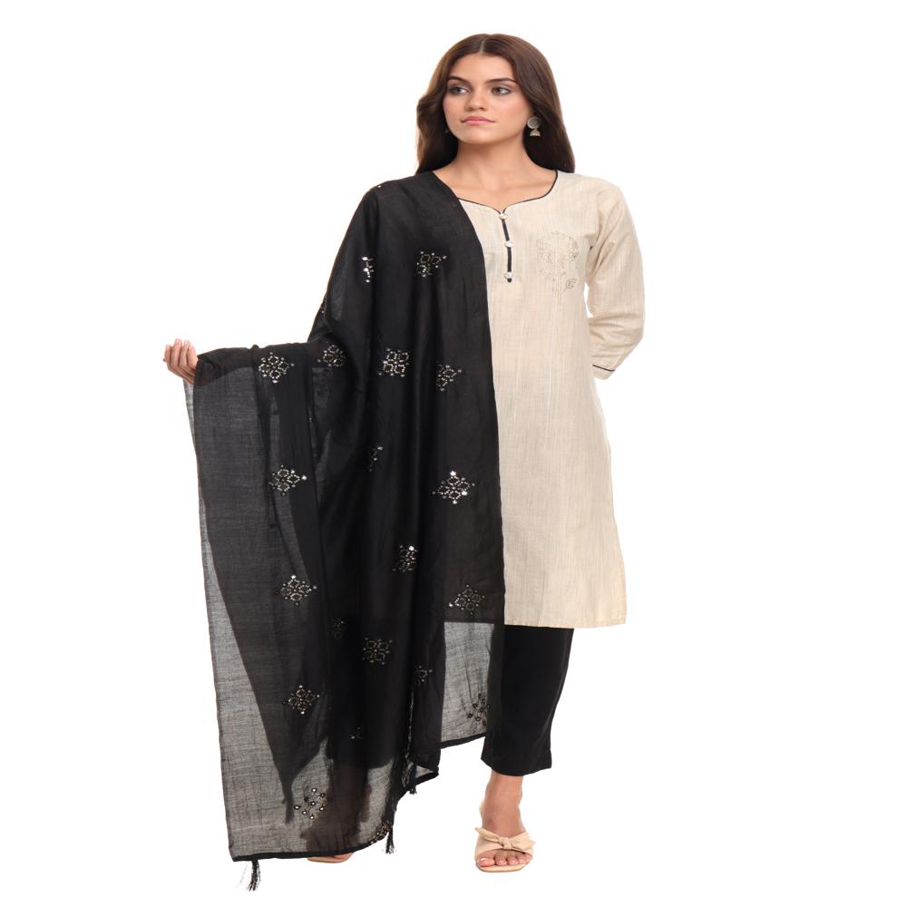  Beige, Chiku Cotton Kurta Set with Embroidered Dupatta Festive & Party Wear