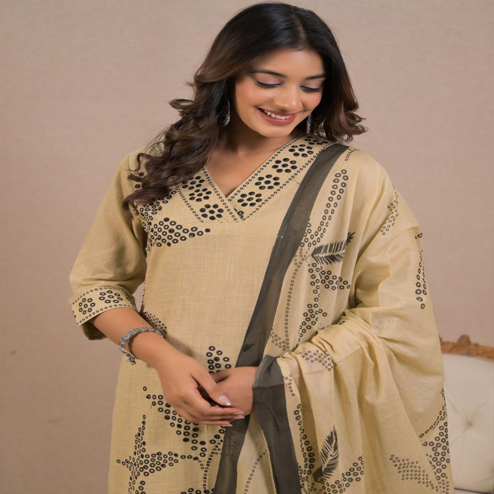 Straight Style Cotton Fabric Beige Color Kurta And Bottom With Dupatta