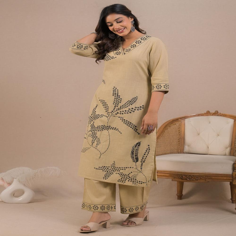 Straight Style Cotton Fabric Beige Color Kurta And Bottom With Dupatta