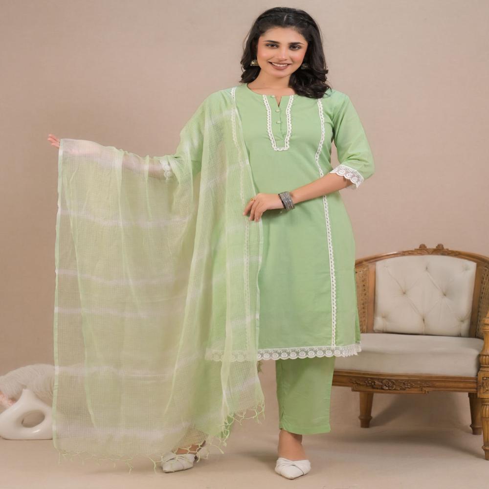 Straight Style Cotton Fabric Green Color Kurta And Bottom With Dupatta
