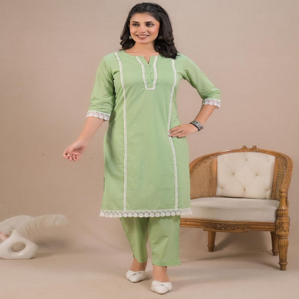 Straight Style Cotton Fabric Green Color Kurta And Bottom With Dupatta