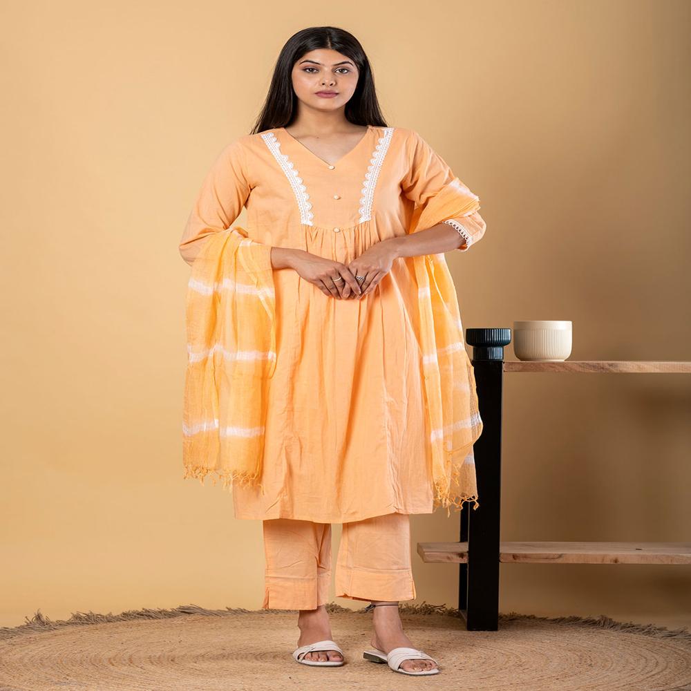 Straight Style Malmal Fabric Orange Color Kurta And Bottom With Dupatta