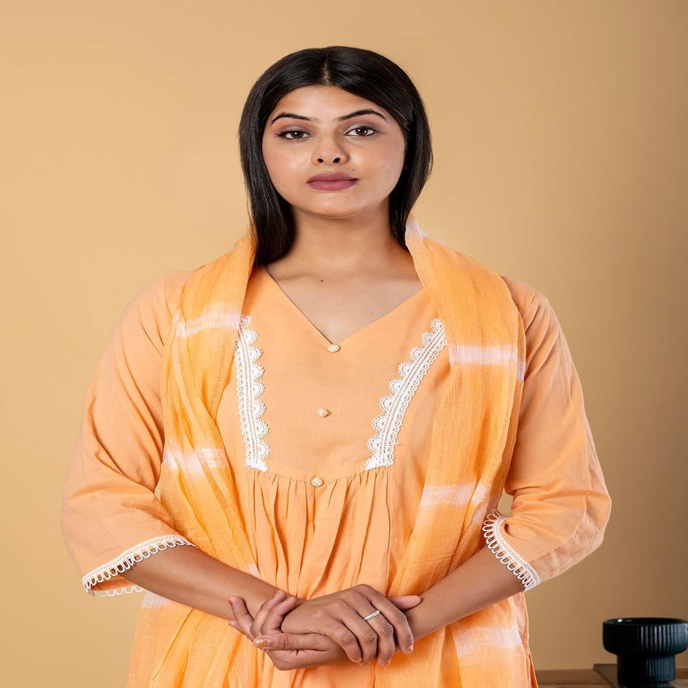 Straight Style Malmal Fabric Orange Color Kurta And Bottom With Dupatta