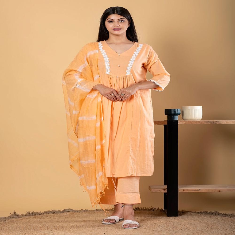 Straight Style Malmal Fabric Orange Color Kurta And Bottom With Dupatta