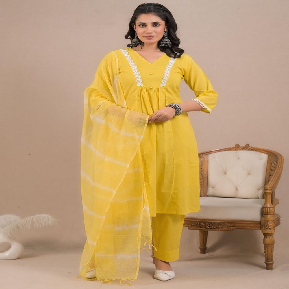 Straight Style Cotton Fabric Yellow Color Kurta And Bottom With Dupatta