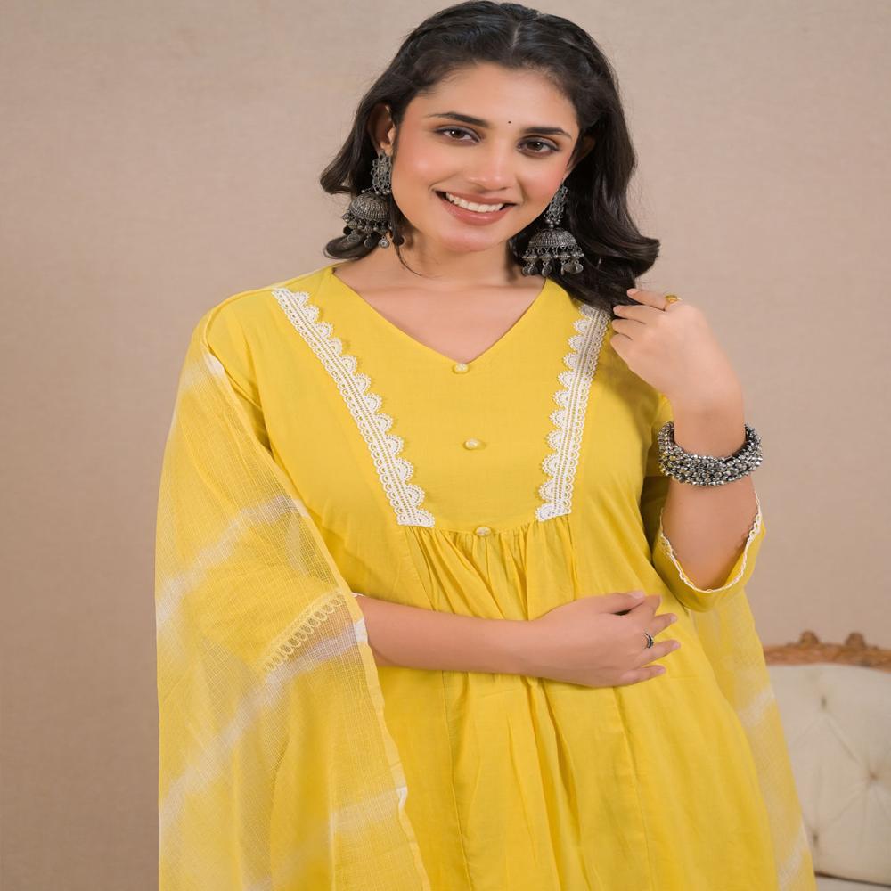 Straight Style Cotton Fabric Yellow Color Kurta And Bottom With Dupatta