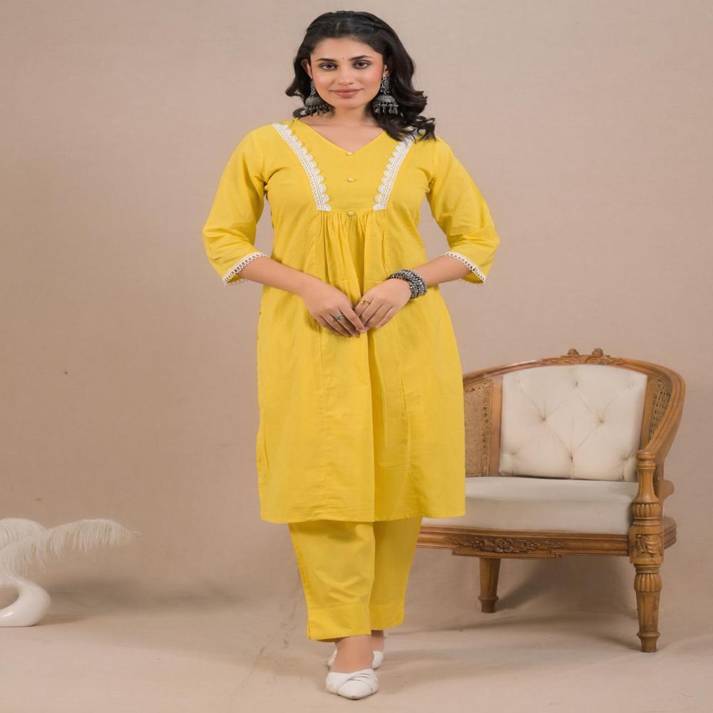 Straight Style Cotton Fabric Yellow Color Kurta And Bottom With Dupatta