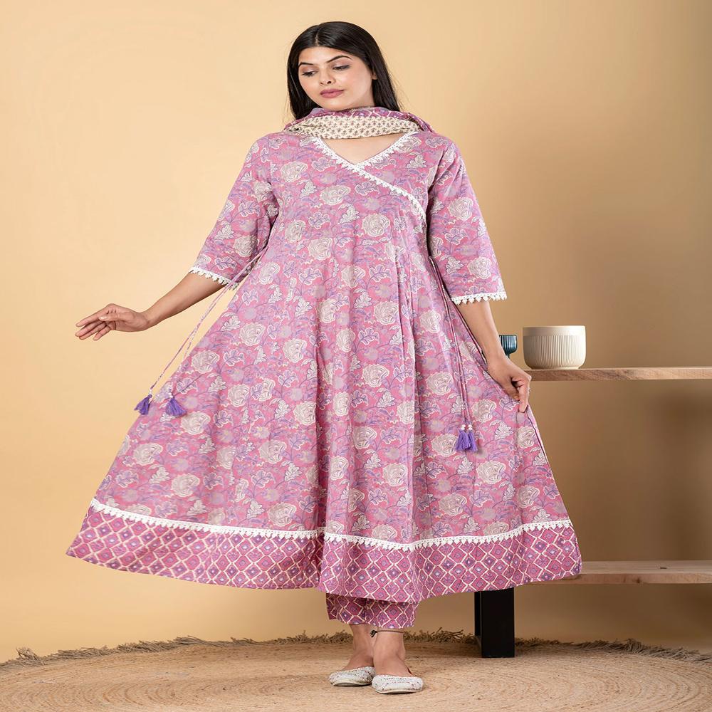 Anarkali Style Cotton Fabric Pink Color Kurta And Bottom With Dupatta
