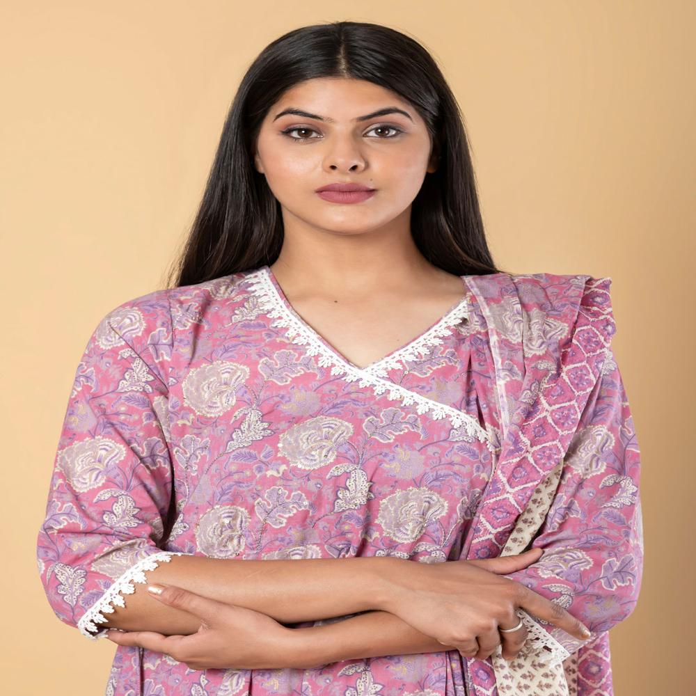Anarkali Style Cotton Fabric Pink Color Kurta And Bottom With Dupatta