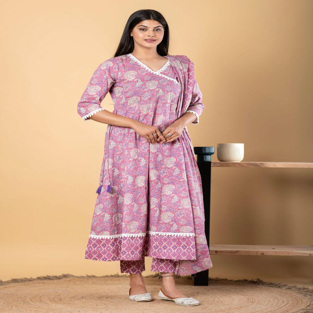 Anarkali Style Cotton Fabric Pink Color Kurta And Bottom With Dupatta