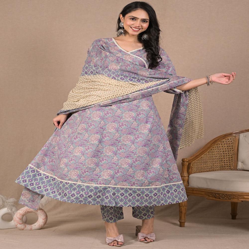 Anarkali Style Cotton Fabric Sea Green Color Kurta And Bottom With Dupatta
