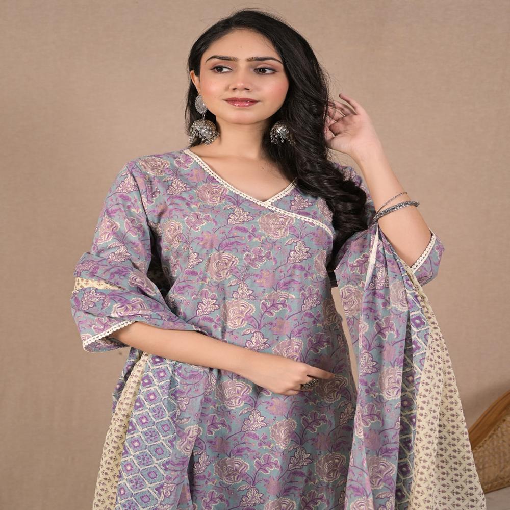 Anarkali Style Cotton Fabric Sea Green Color Kurta And Bottom With Dupatta