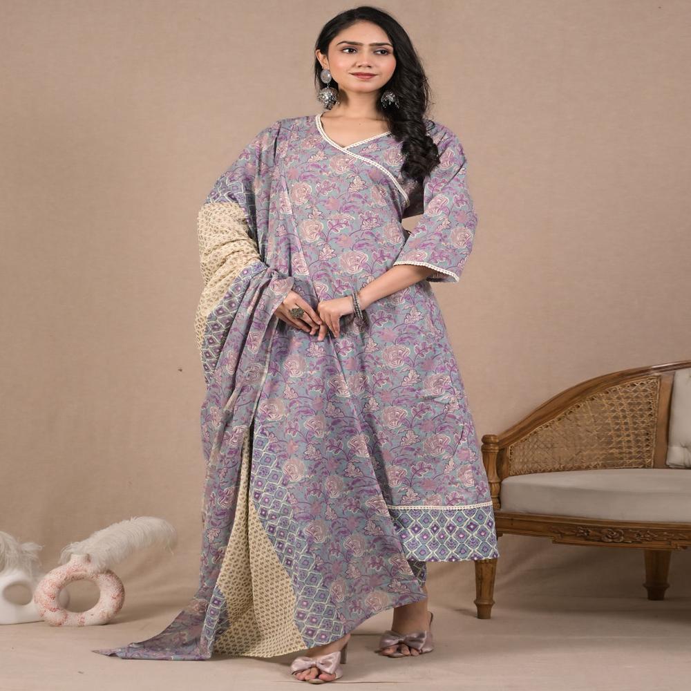 Anarkali Style Cotton Fabric Sea Green Color Kurta And Bottom With Dupatta