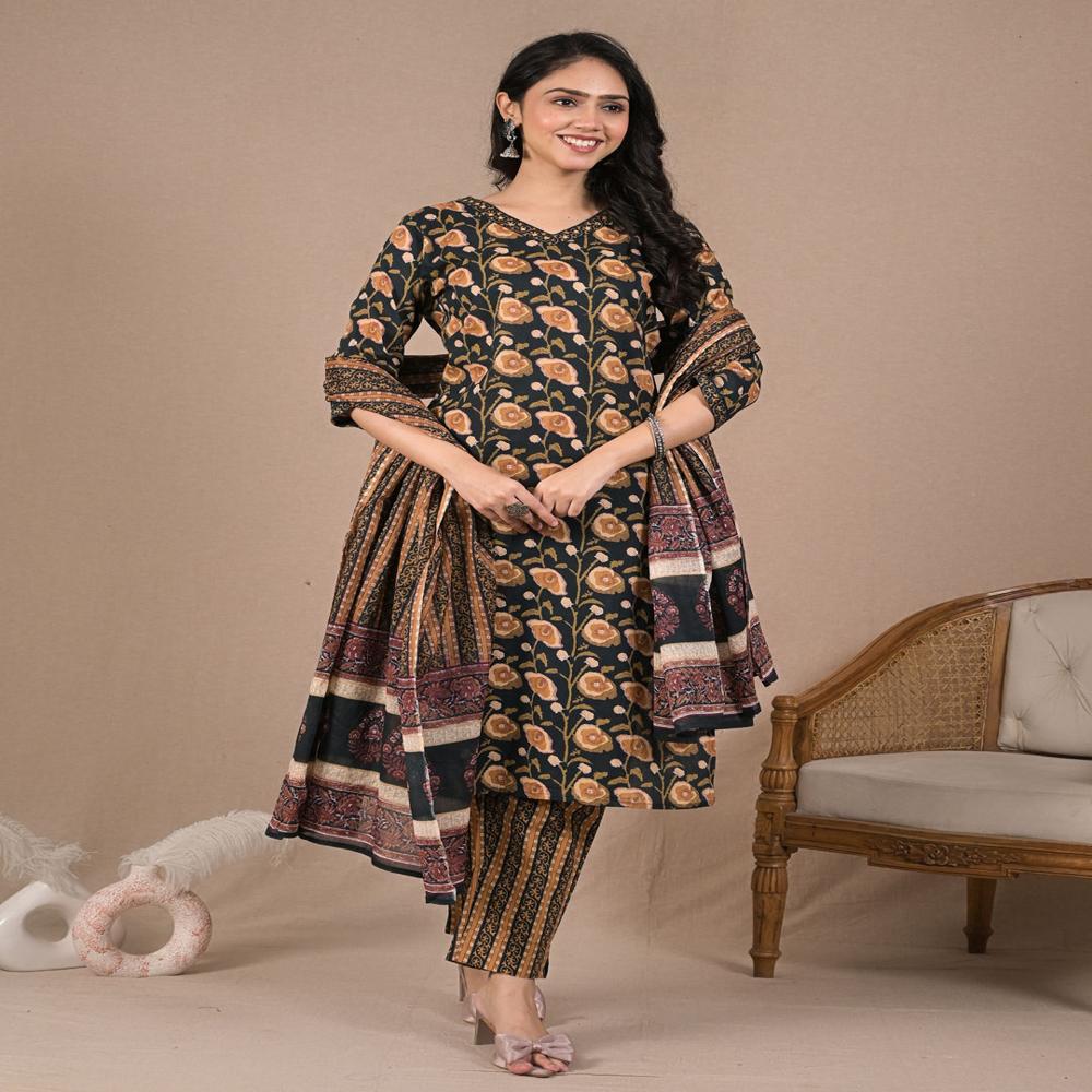 Anarkali Style Cotton Fabric Green Color Kurta And Bottom With Dupatta