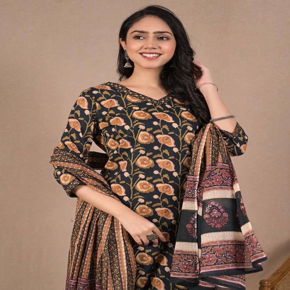 Anarkali Style Cotton Fabric Green Color Kurta And Bottom With Dupatta