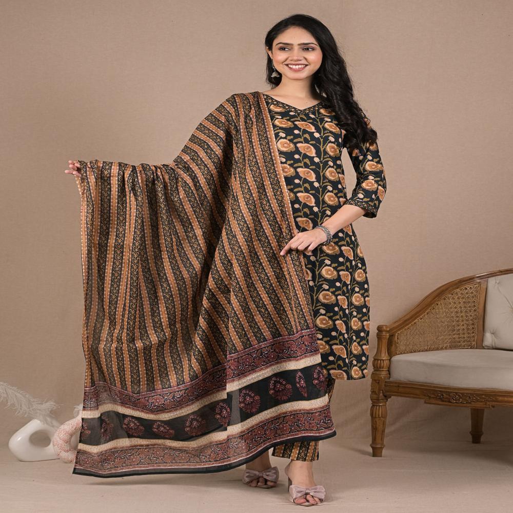 Anarkali Style Cotton Fabric Green Color Kurta And Bottom With Dupatta