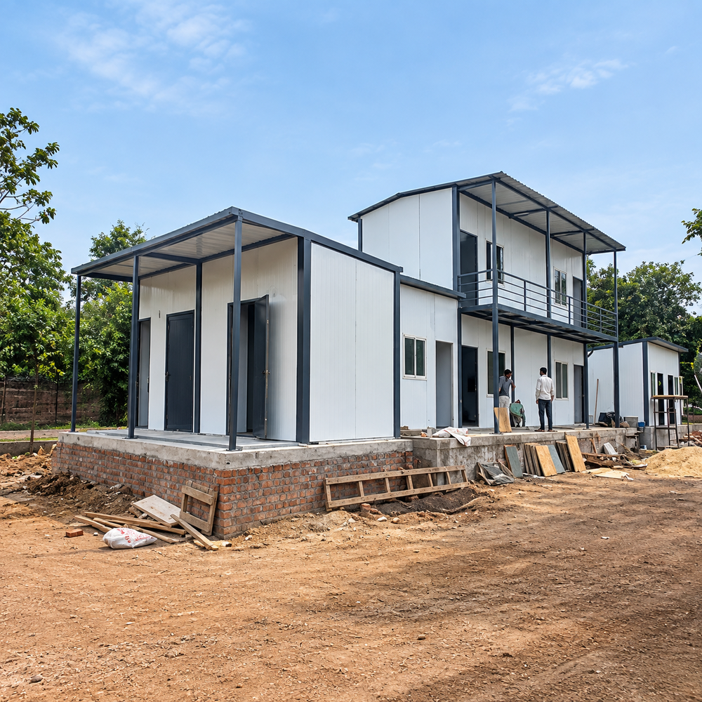 Prefab Porta Cabin - Galvanized Iron, FRP, PUF Walls | 8-10 ft Height, White Finish, High Wind Resistance, PVC Doors, Sliding Windows, Vinyl Floor