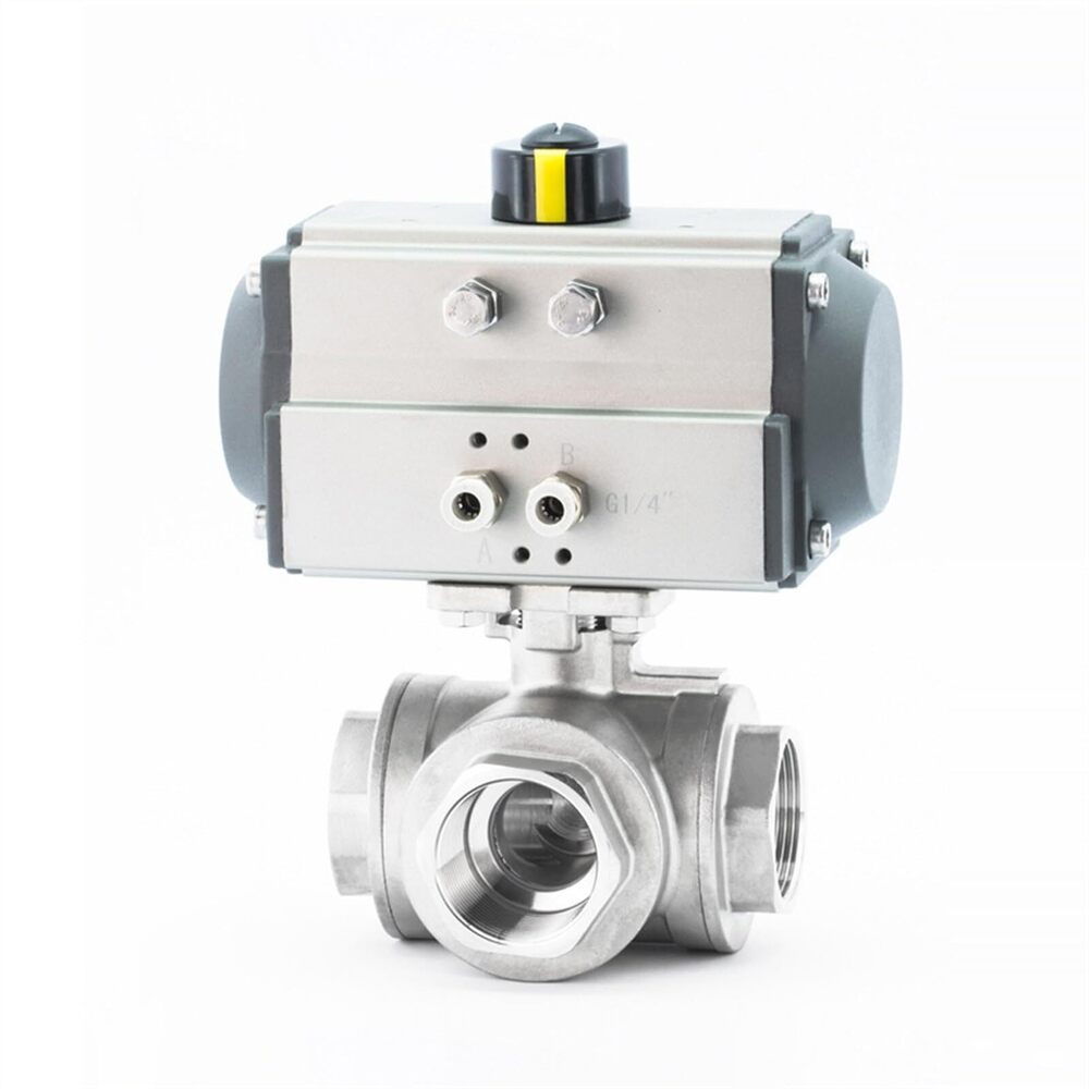 PNEUMATIC ACTUATOR OPERATE 3 WAY  BALL VALVE SCREWED BODY SS304, SS316, WCB, CI, CS, CLASS 150 300 600