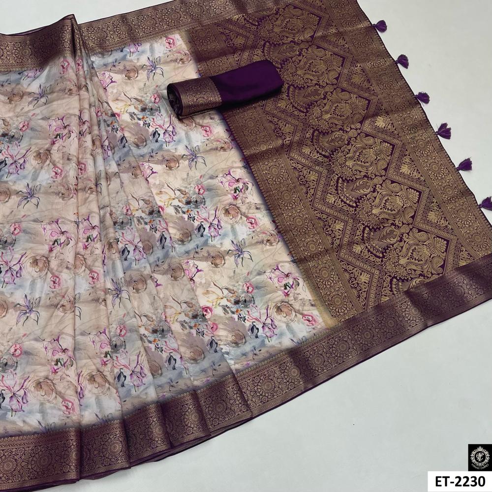 Purple Banarasi Silk Saree - Color: Soft Pastel Beige
