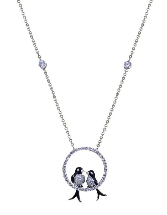 18K White Gold Couple Bird Necklace, Lab Grown Diamond Pendant, Love Birds Circle Design