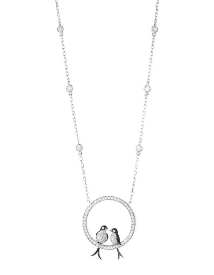 18K White Gold Couple Bird Necklace, Lab Grown Diamond Pendant, Love Birds Circle Design
